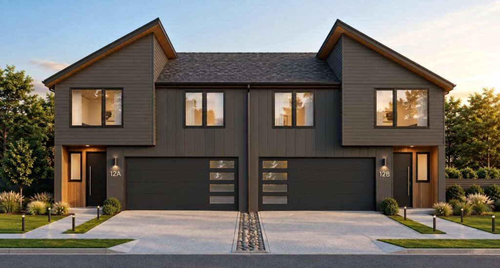 Rendering of a modern two-story luxury duet with twin garages, a Hammerhead Capital scrape and build project in Charlotte, NC